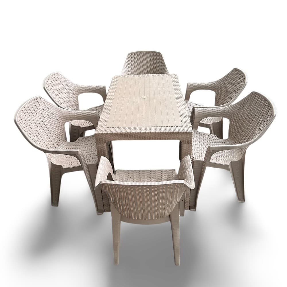 Set masă Rattan 120x70 și 6 scaune din plastic KOKO RATAN, Bej - 2