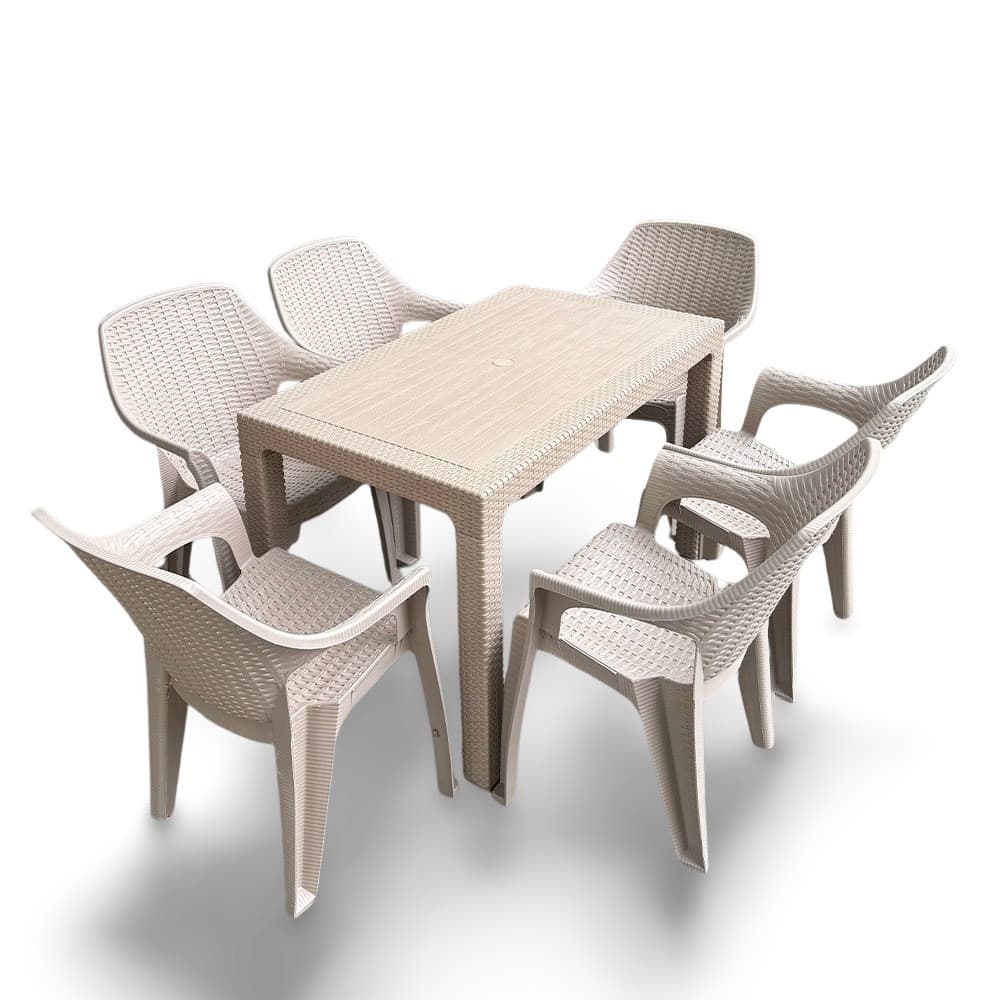 Set masă Rattan 120x70 și 6 scaune din plastic KOKO RATAN, Bej - 3